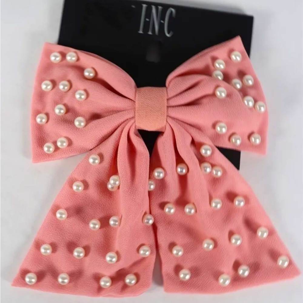 NWT INC PINK BOW WITH WHITE BEAD HAIR BARETTE